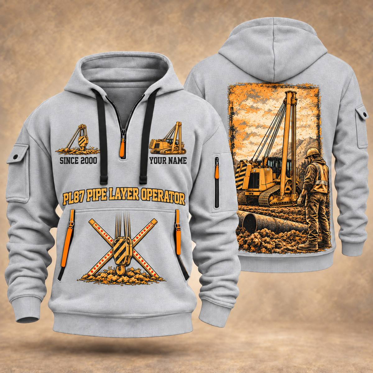 PL87 Pipelayer Operator quarter zip hoodie in Light Grey, front and back views, sample YOUR NAME and SINCE 2000 artwork