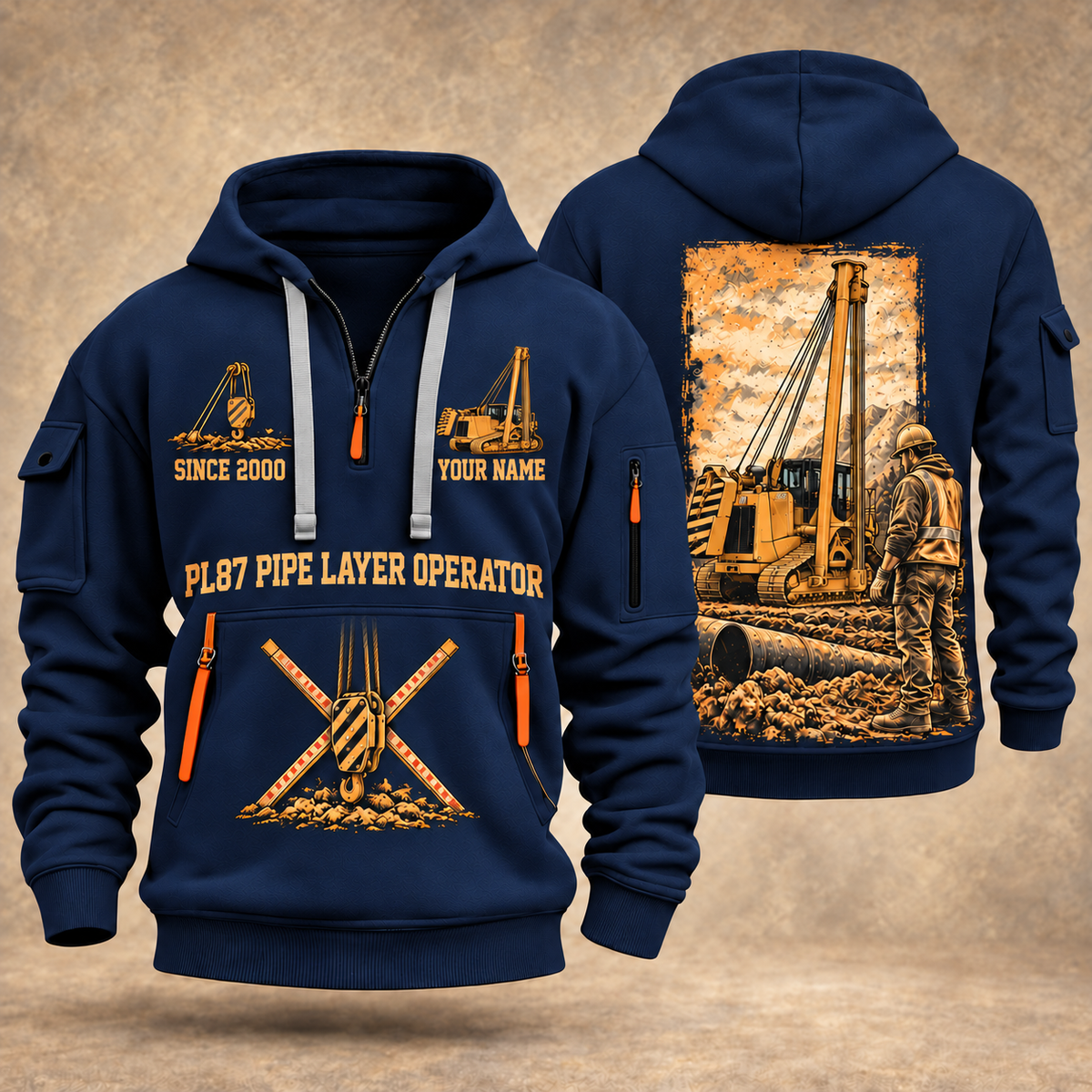 PL87 Pipelayer Operator quarter zip hoodie in Navy, front and back views, sample YOUR NAME and SINCE 2000 artwork