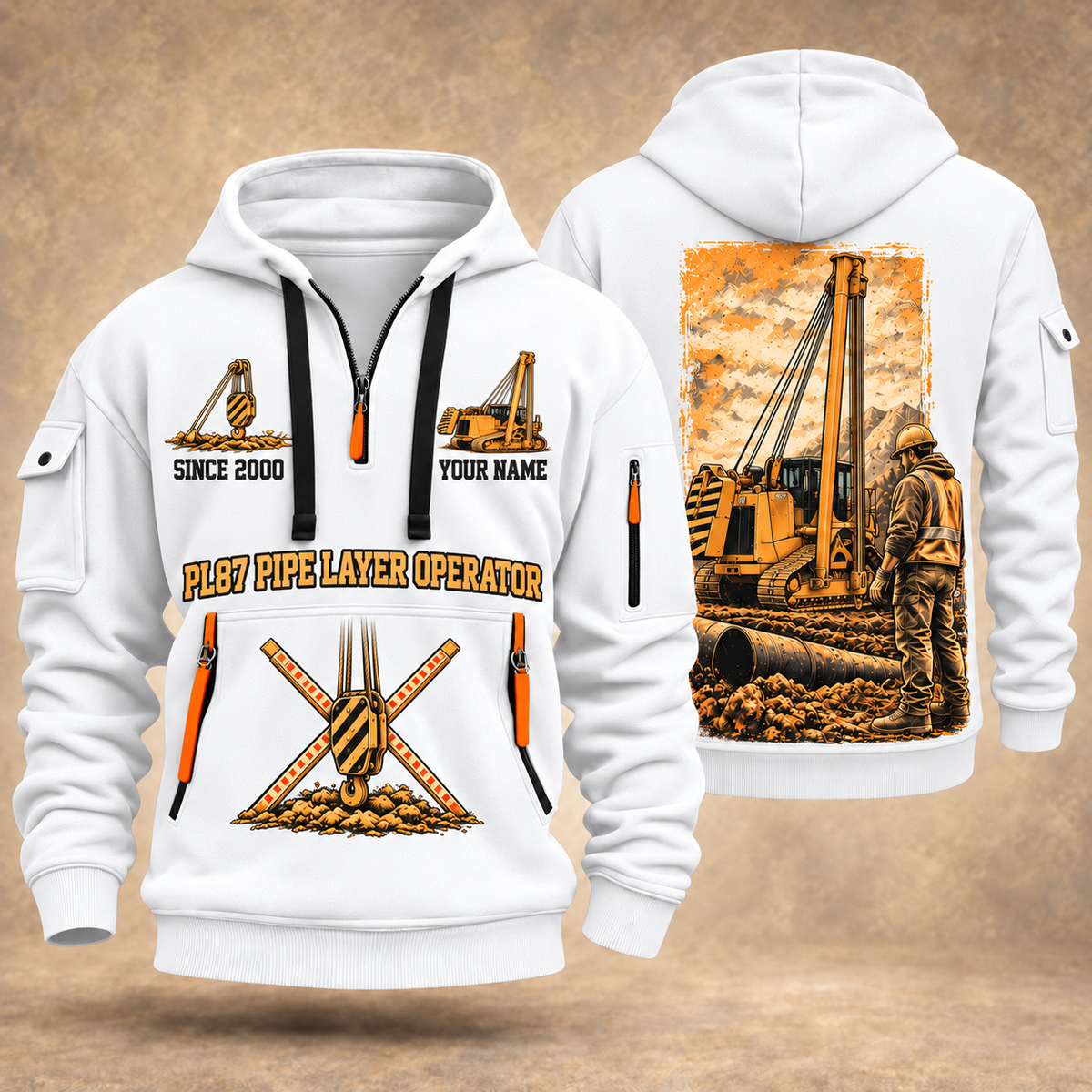 PL87 Pipelayer Operator quarter zip hoodie in White, front and back views, sample YOUR NAME and SINCE 2000 artwork