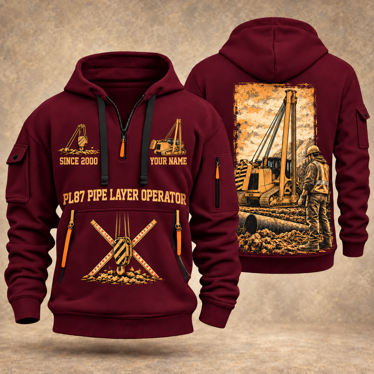 PL87 Pipelayer Operator quarter zip hoodie in Wine Red, front and back views, sample YOUR NAME and SINCE 2000 artwork