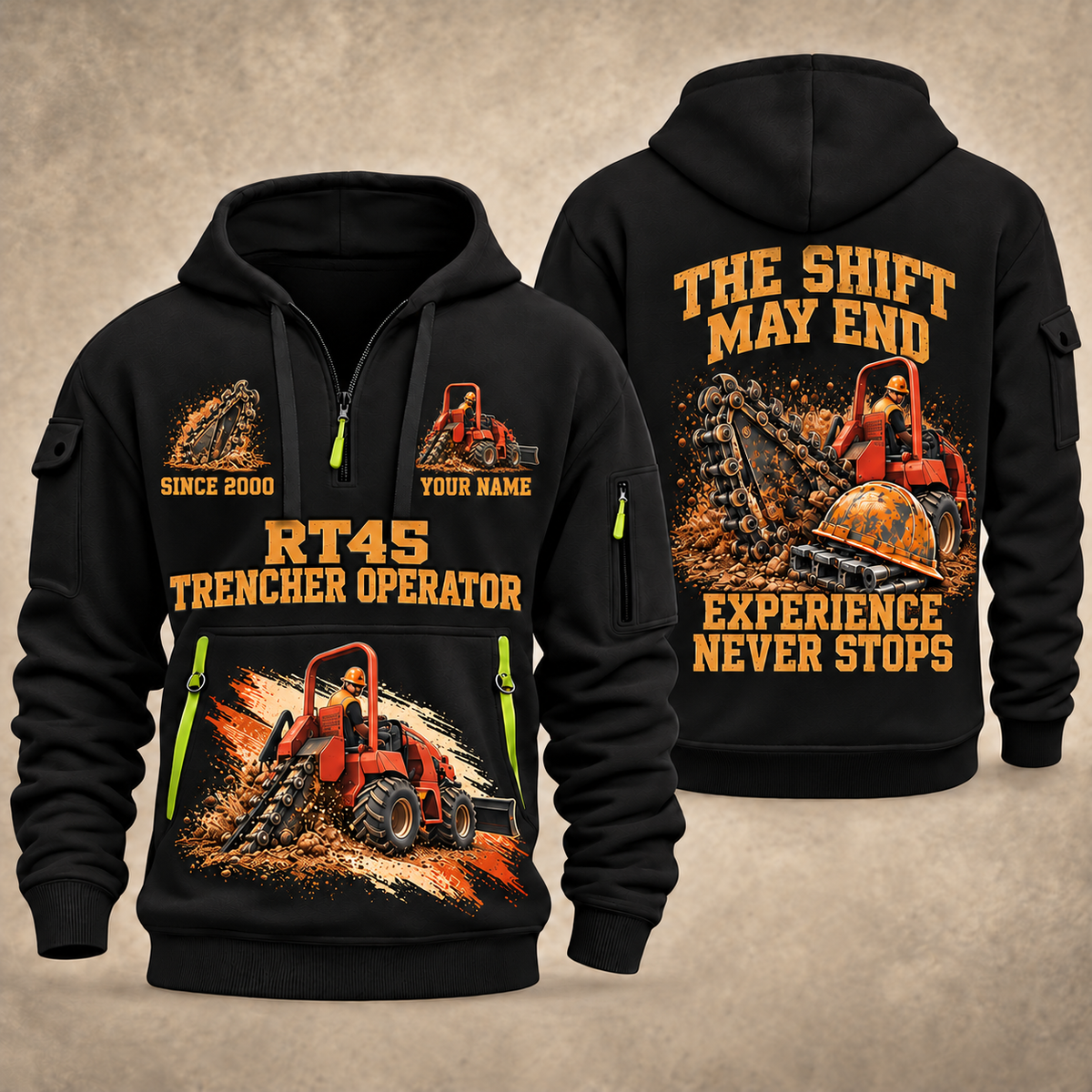 RT45 Trencher Operator quarter zip hoodie in Black, front and back views, sample YOUR NAME and SINCE 2000 artwork