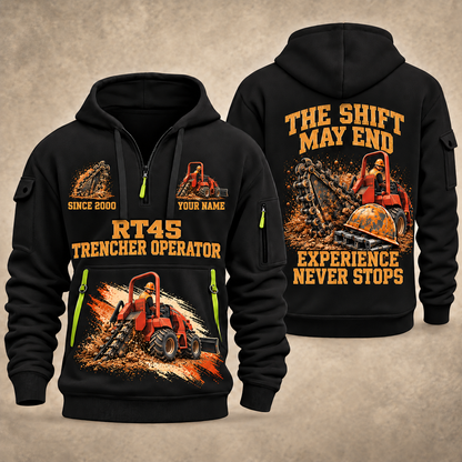 RT45 Trencher Operator quarter zip hoodie in Black, front and back views, sample YOUR NAME and SINCE 2000 artwork