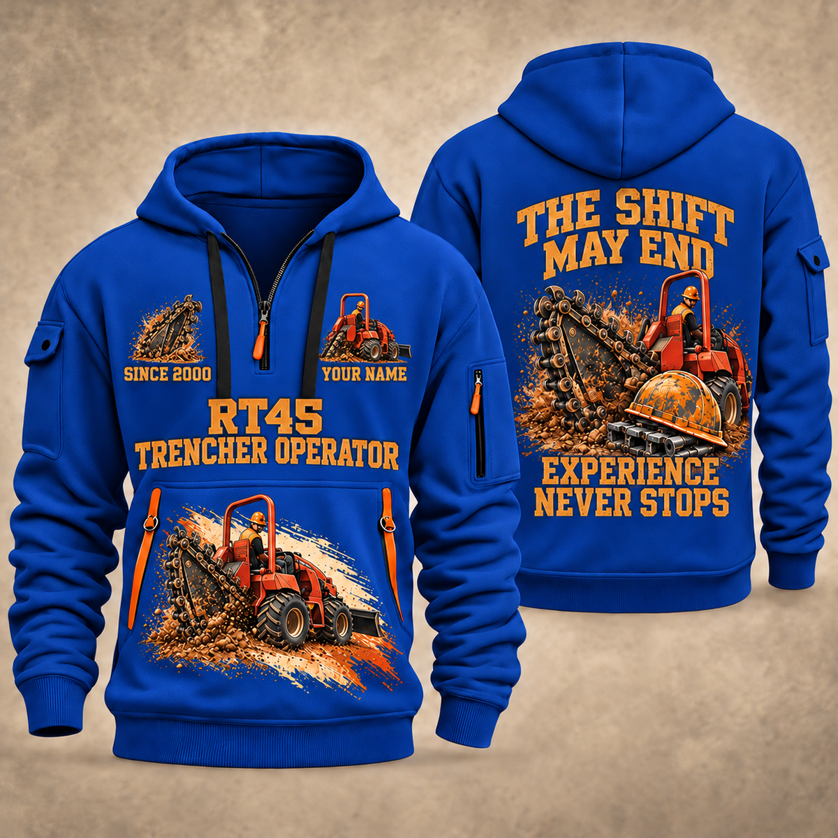 RT45 Trencher Operator quarter zip hoodie in Blue, front and back views, sample YOUR NAME and SINCE 2000 artwork