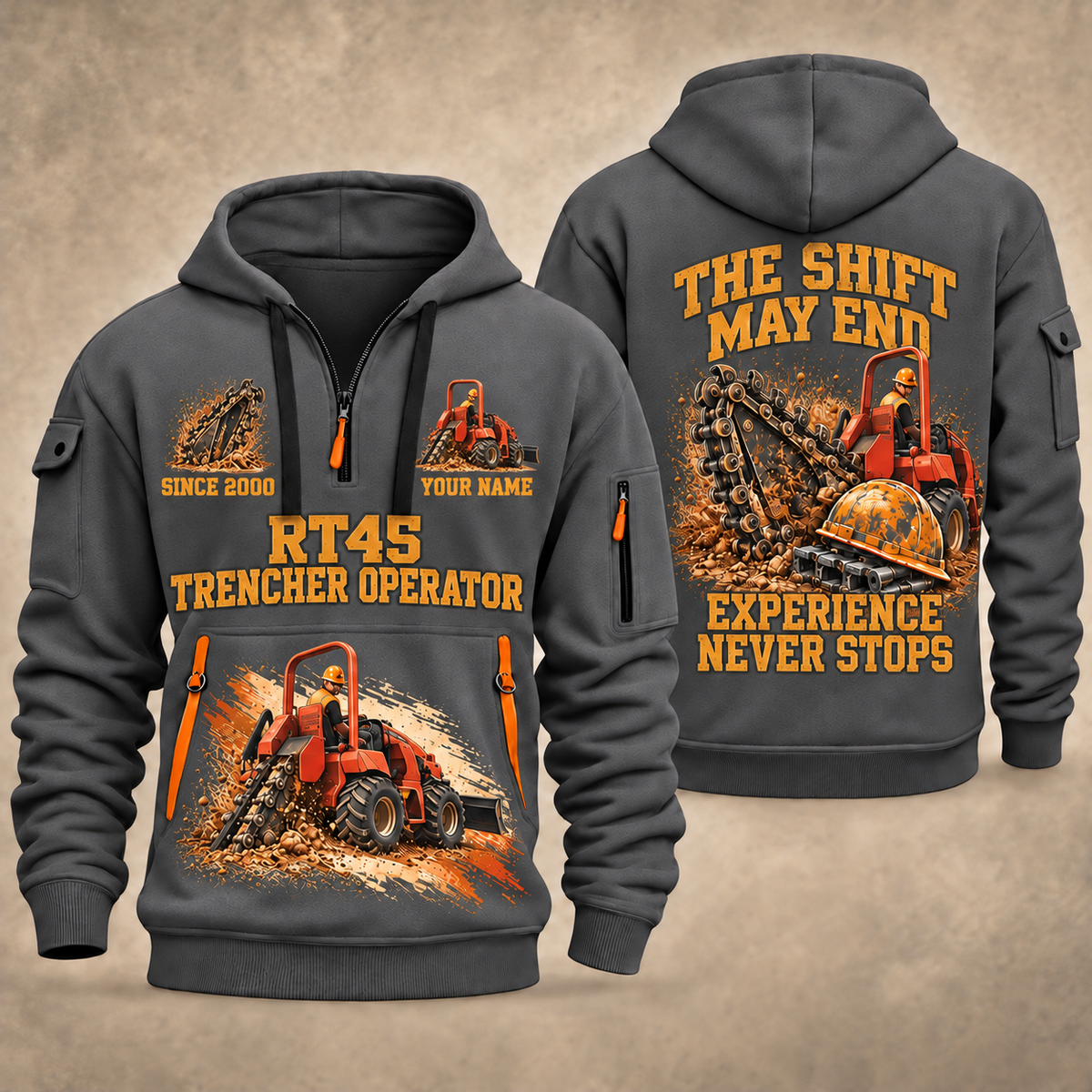 RT45 Trencher Operator quarter zip hoodie in Gray, front and back views, sample YOUR NAME and SINCE 2000 artwork