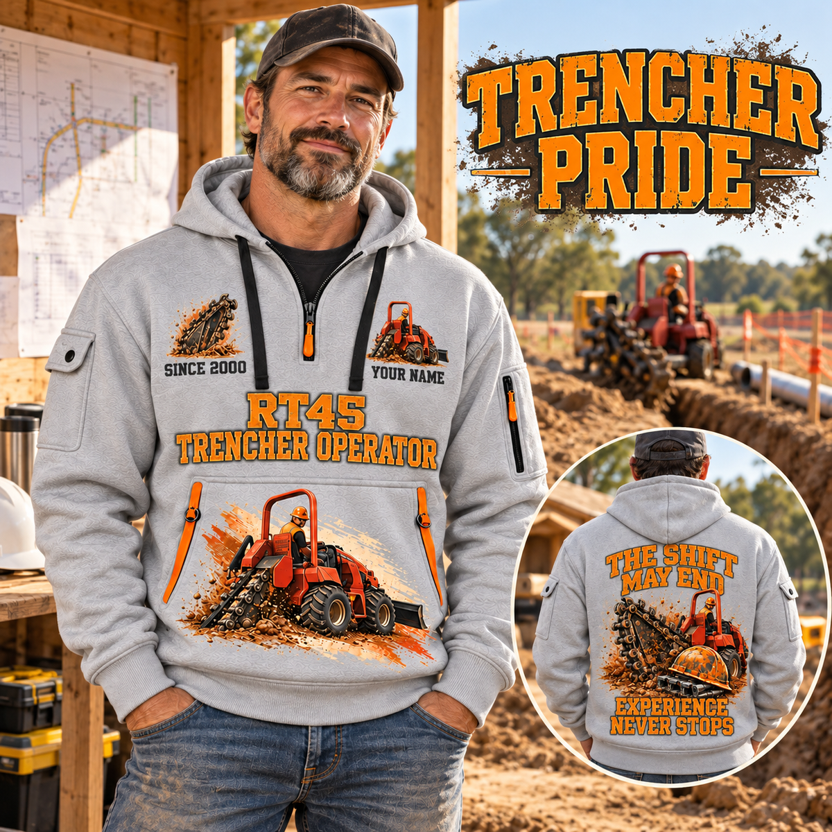 RT45 Trencher Operator quarter zip hoodie in Light Grey, adult lifestyle portrait showing front and back artwork