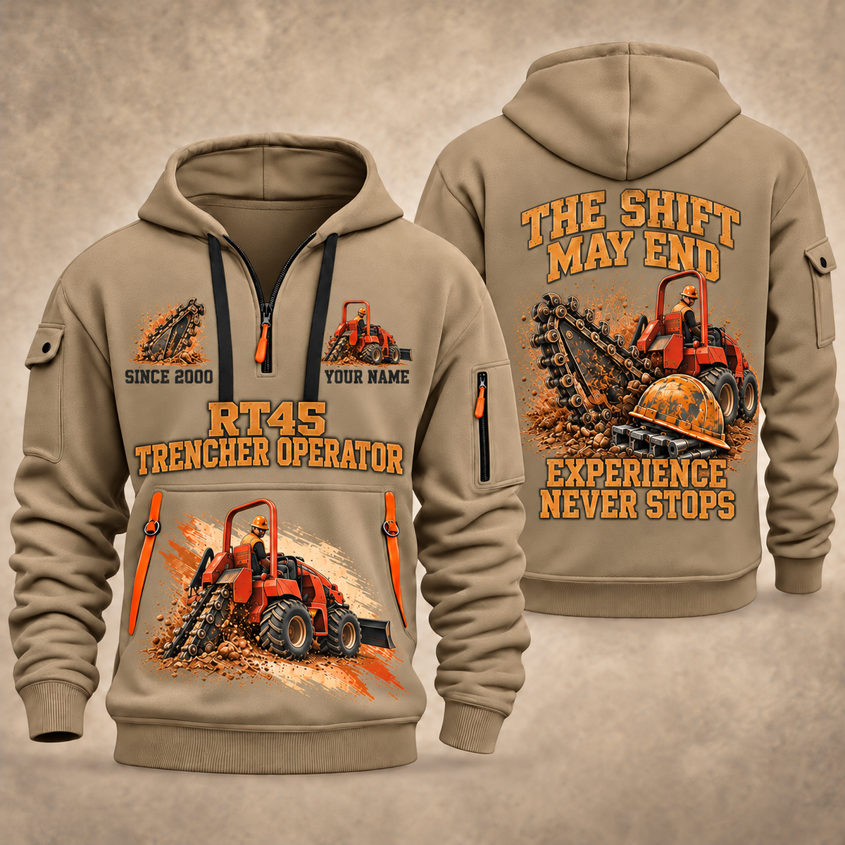 RT45 Trencher Operator quarter zip hoodie in Khaki, front and back views, sample YOUR NAME and SINCE 2000 artwork