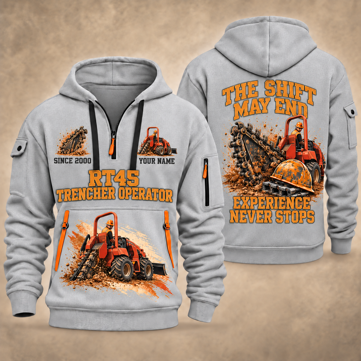RT45 Trencher Operator quarter zip hoodie in Light Grey, front and back views, sample YOUR NAME and SINCE 2000 artwork