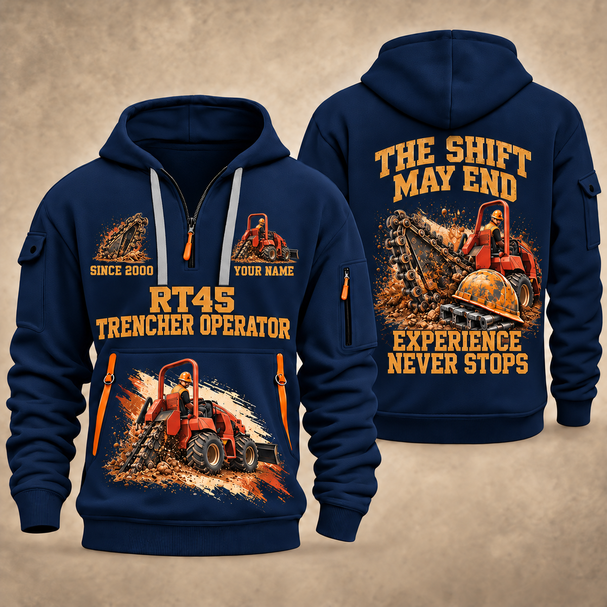 RT45 Trencher Operator quarter zip hoodie in Navy, front and back views, sample YOUR NAME and SINCE 2000 artwork