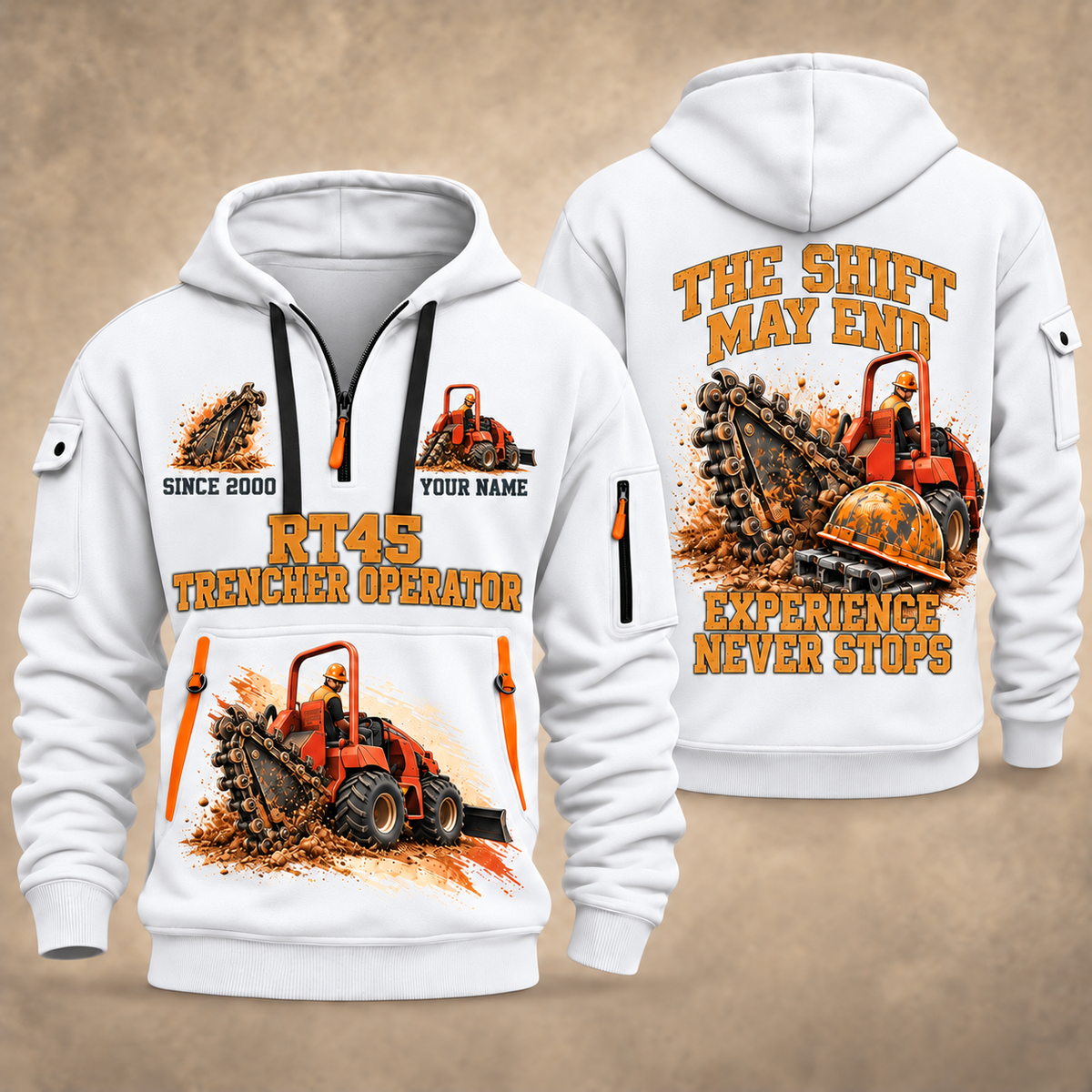RT45 Trencher Operator quarter zip hoodie in White, front and back views, sample YOUR NAME and SINCE 2000 artwork