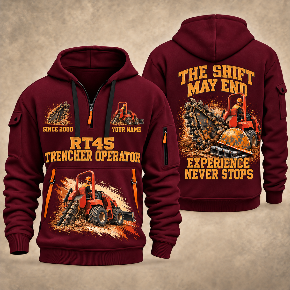 RT45 Trencher Operator quarter zip hoodie in Wine Red, front and back views, sample YOUR NAME and SINCE 2000 artwork