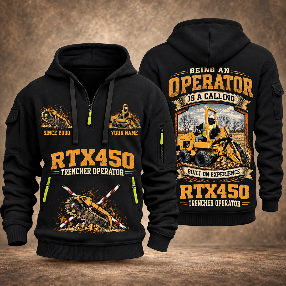RTX450 Trencher Operator quarter zip hoodie in Black, front and back views, sample YOUR NAME and SINCE 2000 artwork