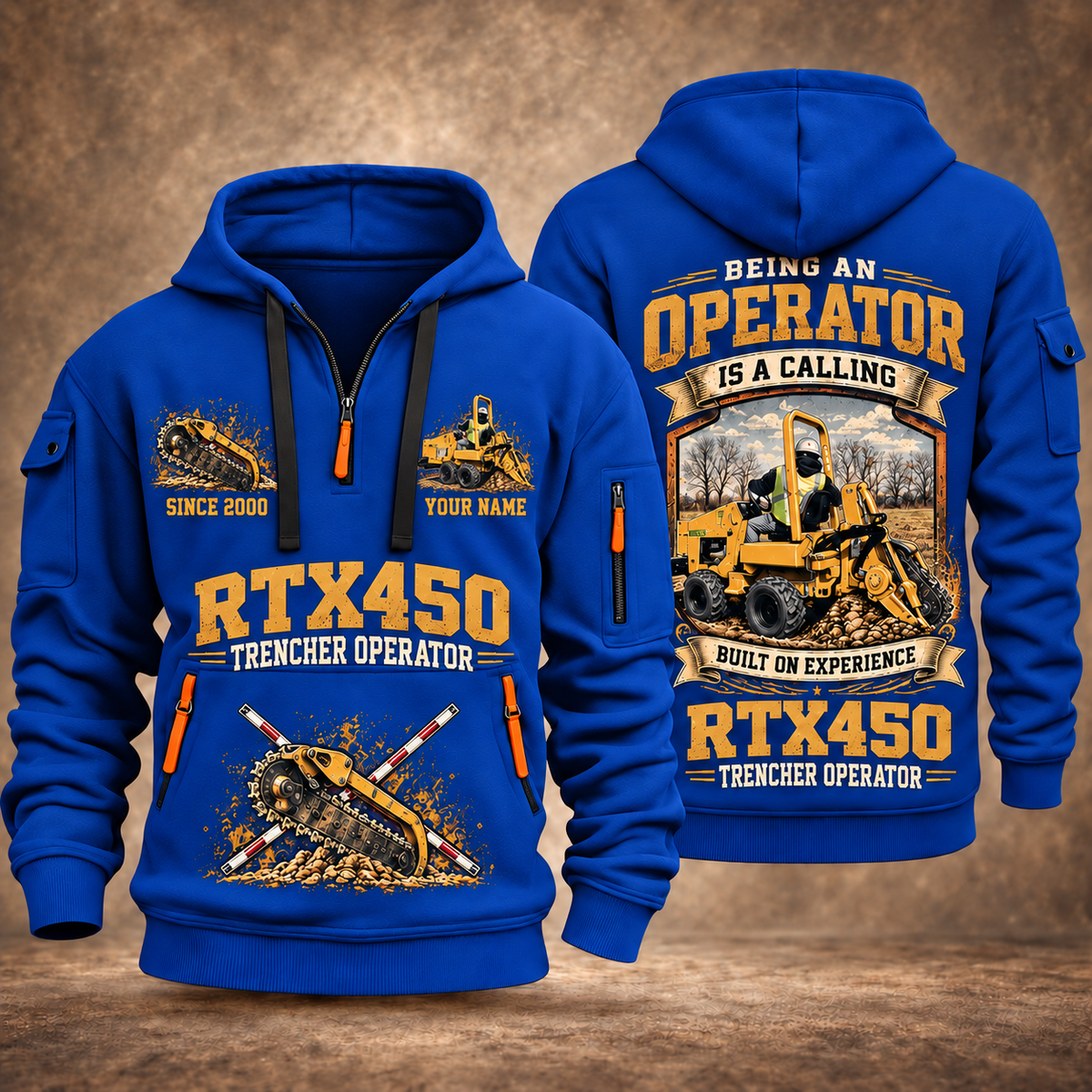 RTX450 Trencher Operator quarter zip hoodie in Blue, front and back views, sample YOUR NAME and SINCE 2000 artwork