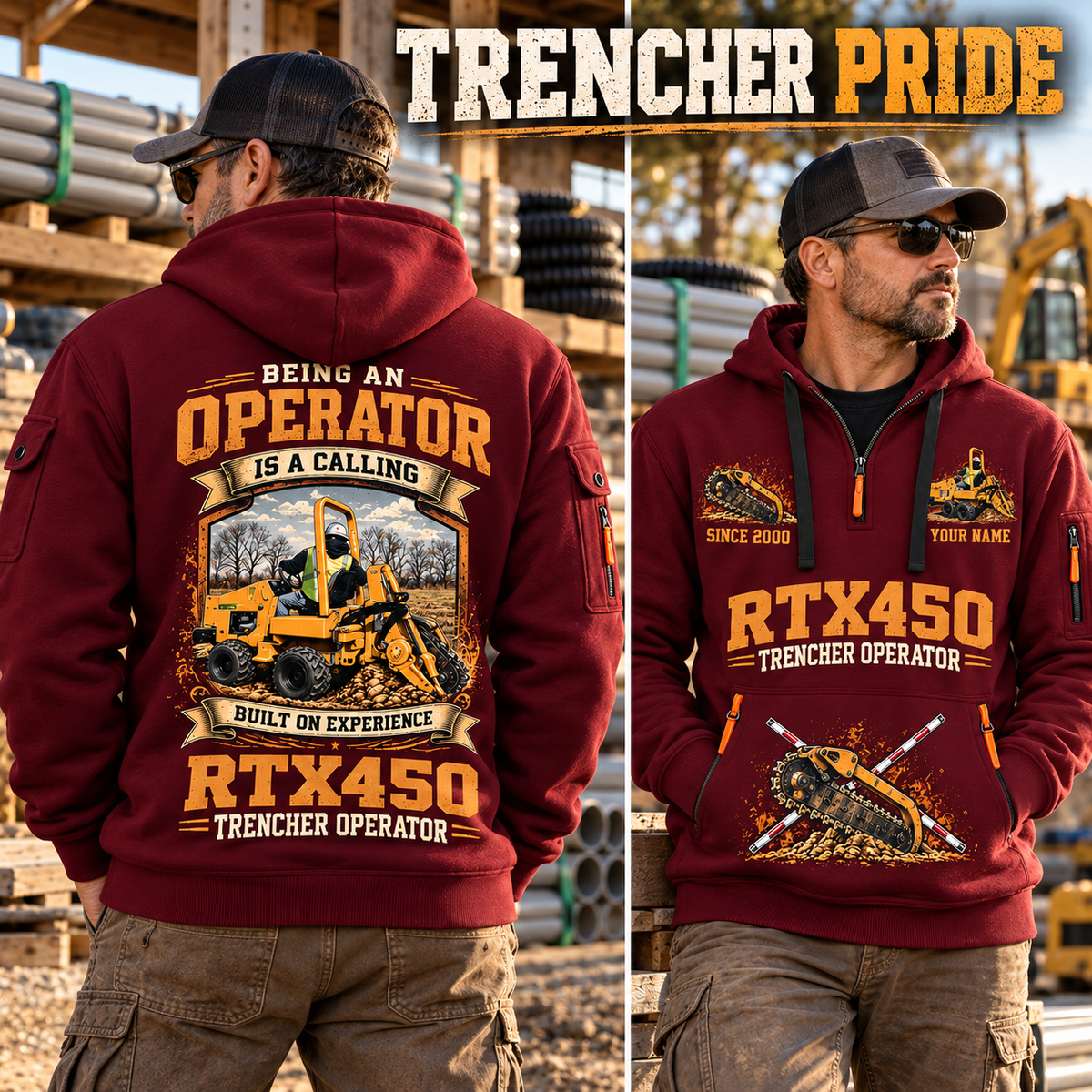 RTX450 Trencher Operator quarter zip hoodie in Wine Red, adult lifestyle portrait showing front and back artwork