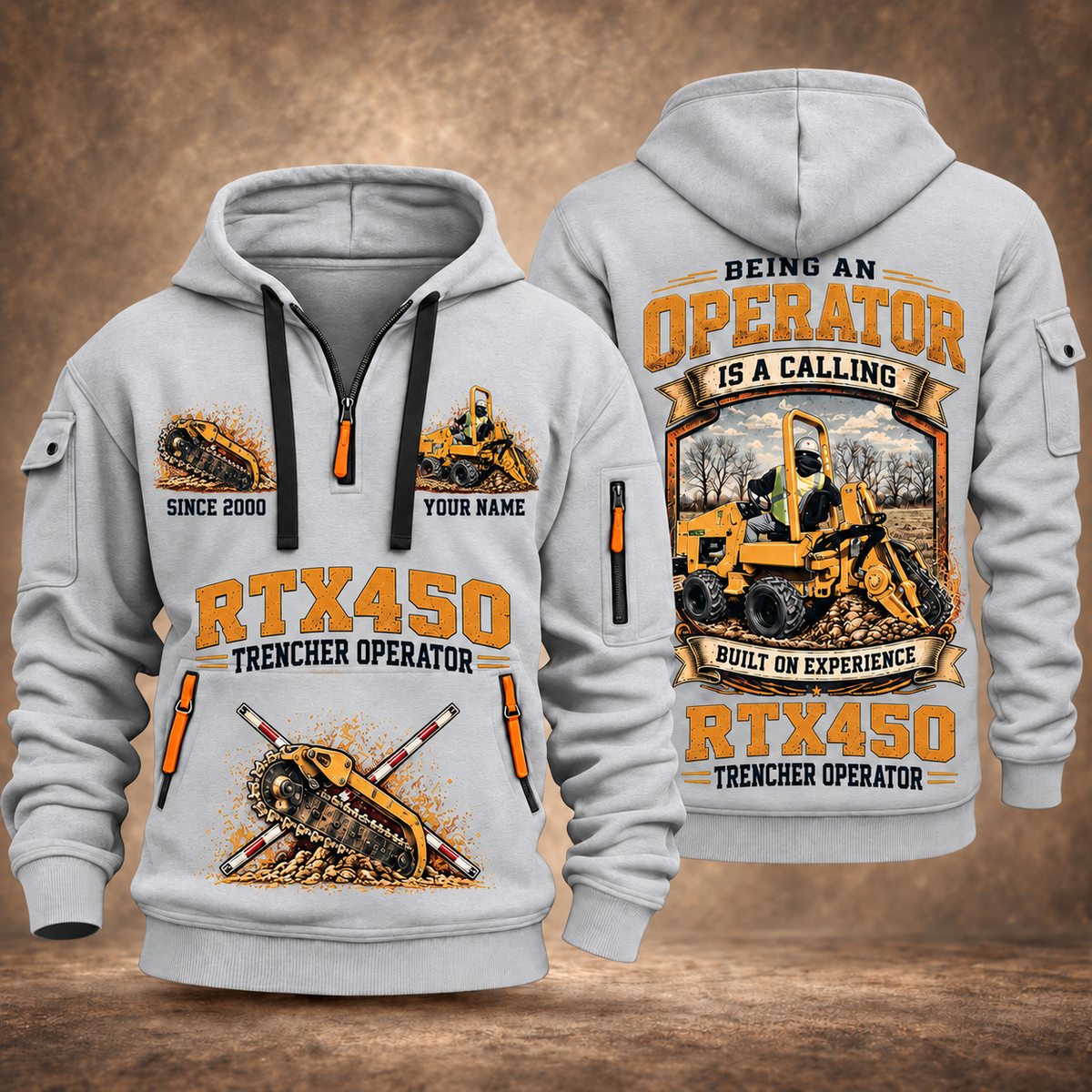 RTX450 Trencher Operator quarter zip hoodie in Light Grey, front and back views, sample YOUR NAME and SINCE 2000 artwork