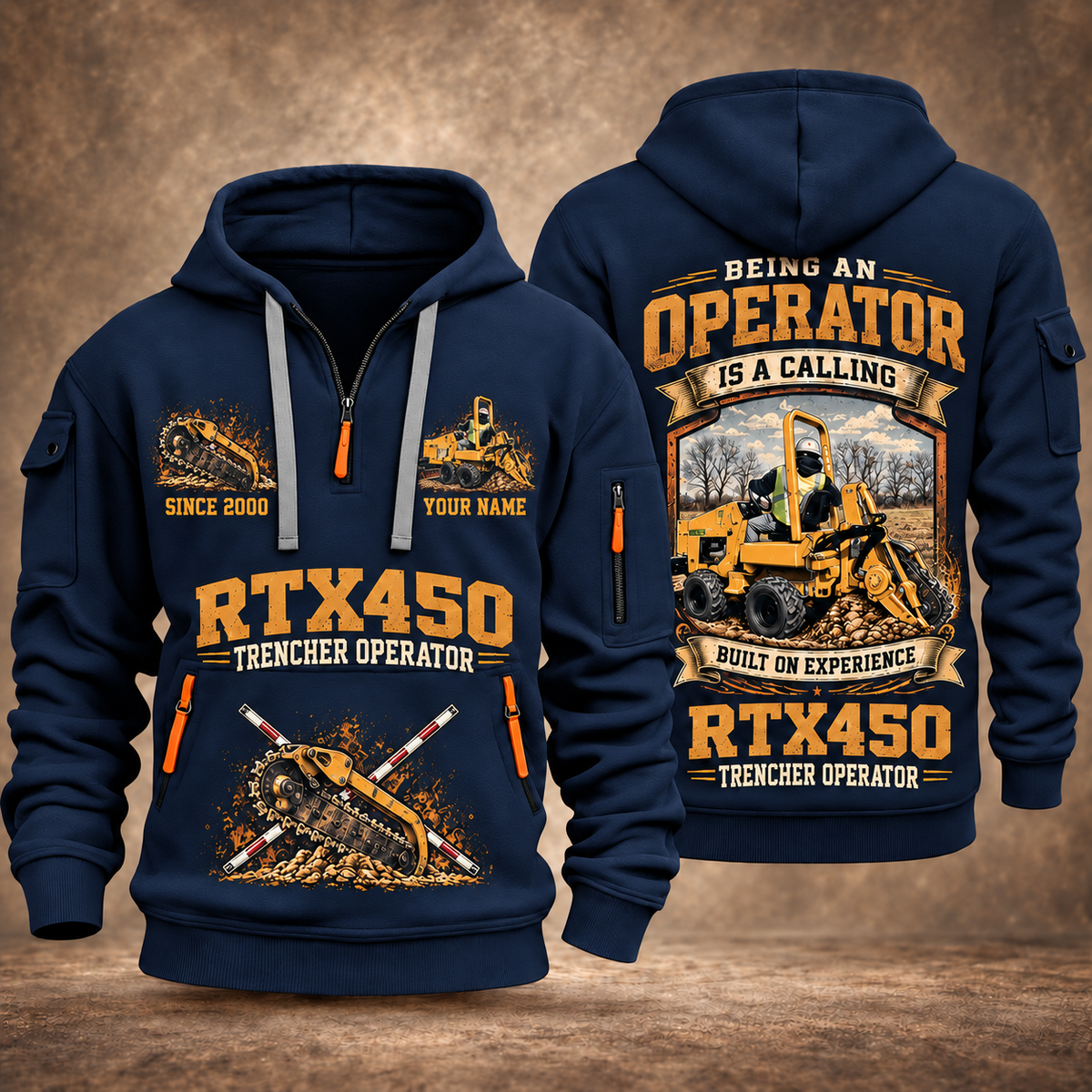 RTX450 Trencher Operator quarter zip hoodie in Navy, front and back views, sample YOUR NAME and SINCE 2000 artwork