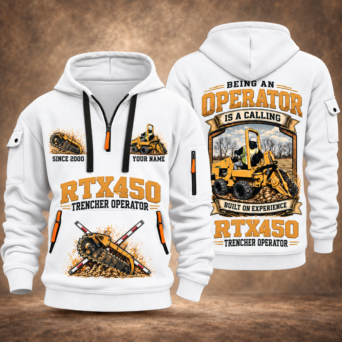 RTX450 Trencher Operator quarter zip hoodie in White, front and back views, sample YOUR NAME and SINCE 2000 artwork