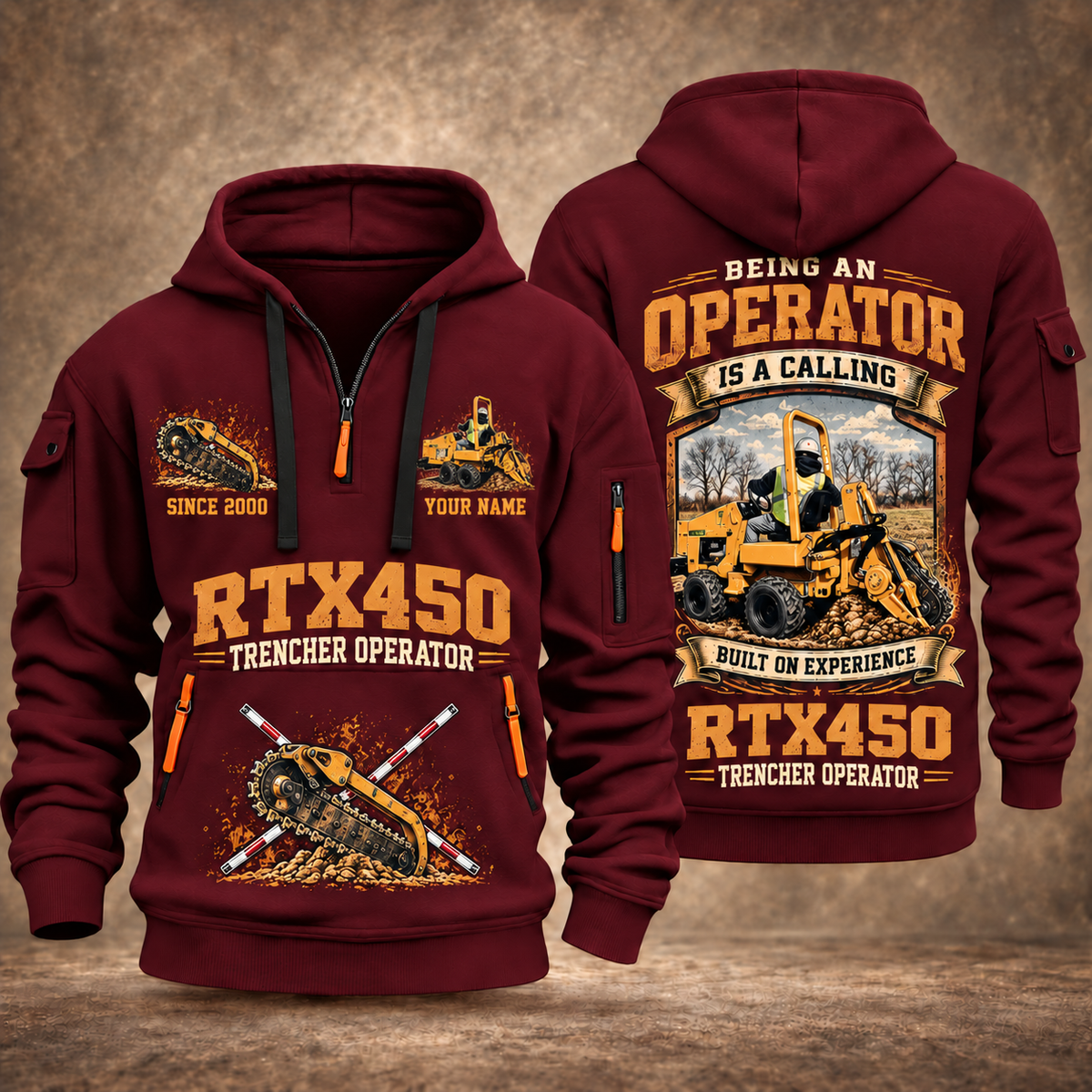 RTX450 Trencher Operator quarter zip hoodie in Wine Red, front and back views, sample YOUR NAME and SINCE 2000 artwork