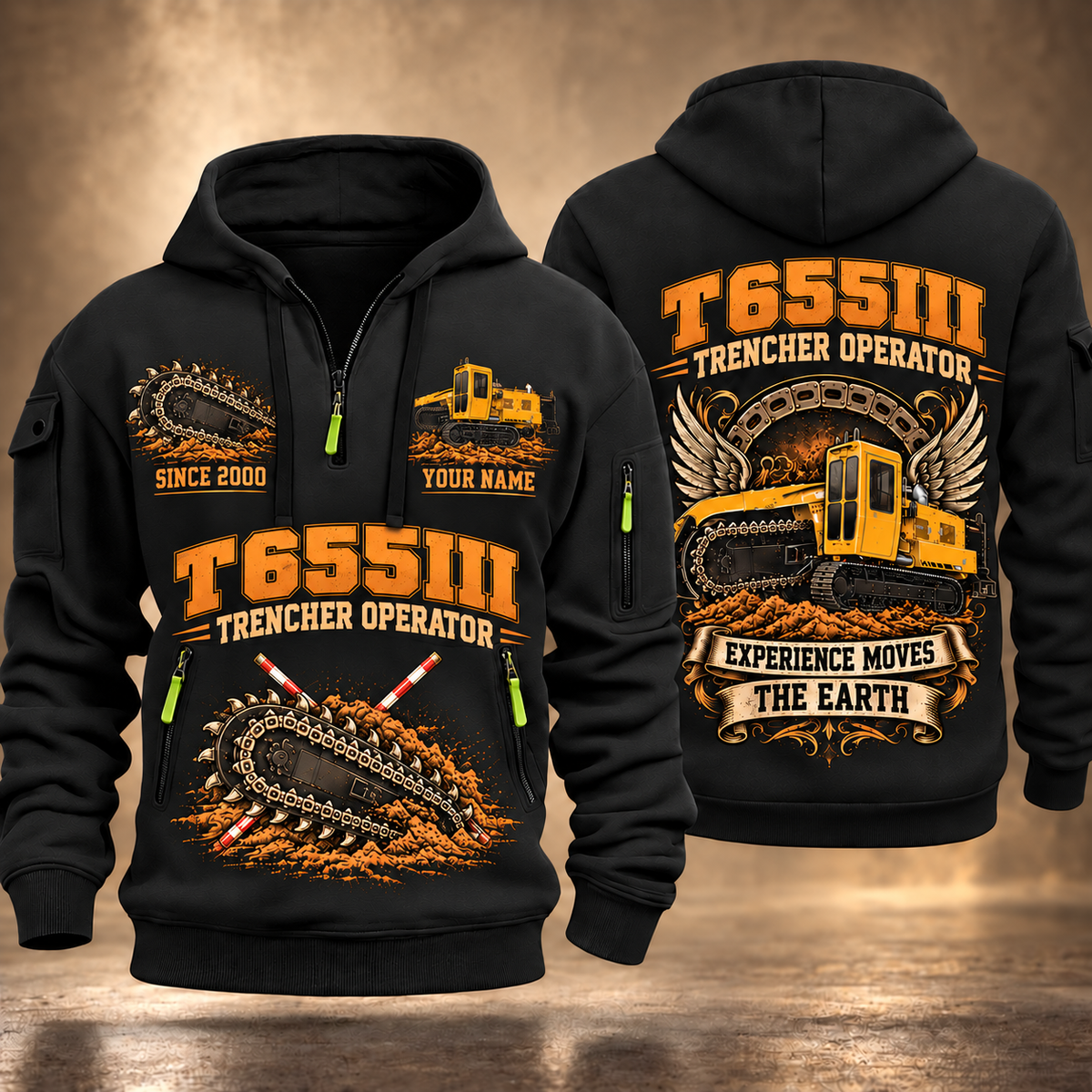 T655III Trencher Operator quarter zip hoodie in Black, front and back views, sample YOUR NAME and SINCE 2000 artwork