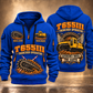 T655III Trencher Operator quarter zip hoodie in Blue, front and back views, sample YOUR NAME and SINCE 2000 artwork