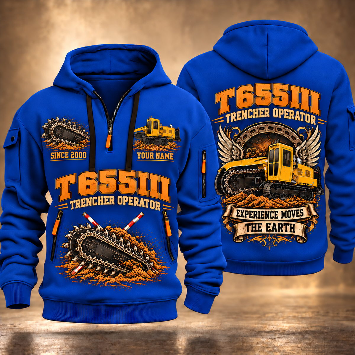 T655III Trencher Operator quarter zip hoodie in Blue, front and back views, sample YOUR NAME and SINCE 2000 artwork