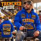 T655III Trencher Operator quarter zip hoodie in Blue, adult lifestyle portrait showing front and back artwork