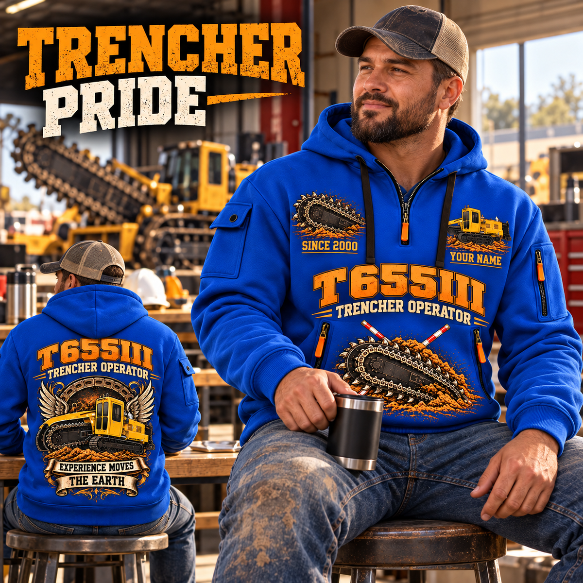 T655III Trencher Operator quarter zip hoodie in Blue, adult lifestyle portrait showing front and back artwork