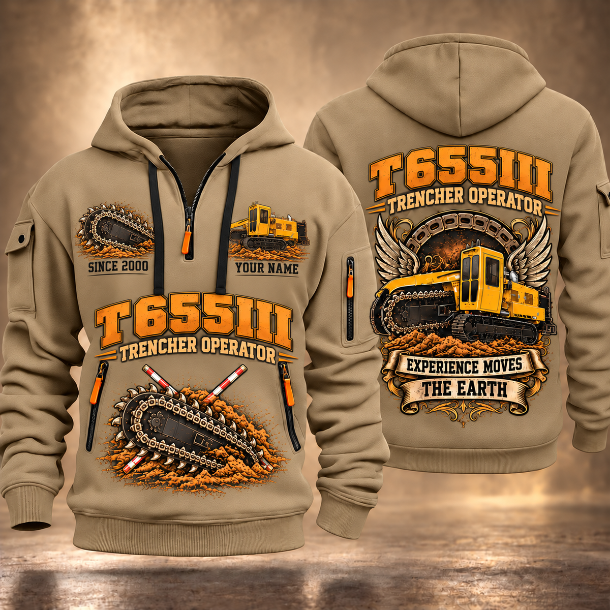 T655III Trencher Operator quarter zip hoodie in Khaki, front and back views, sample YOUR NAME and SINCE 2000 artwork