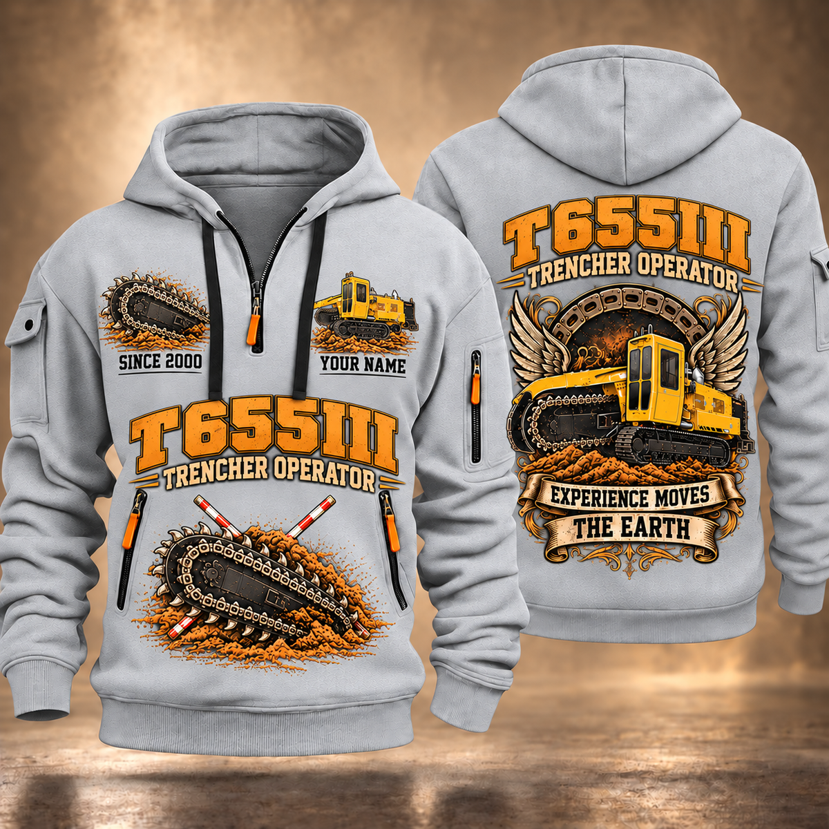 T655III Trencher Operator quarter zip hoodie in Light Grey, front and back views, sample YOUR NAME and SINCE 2000 artwork