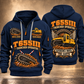 T655III Trencher Operator quarter zip hoodie in Navy, front and back views, sample YOUR NAME and SINCE 2000 artwork