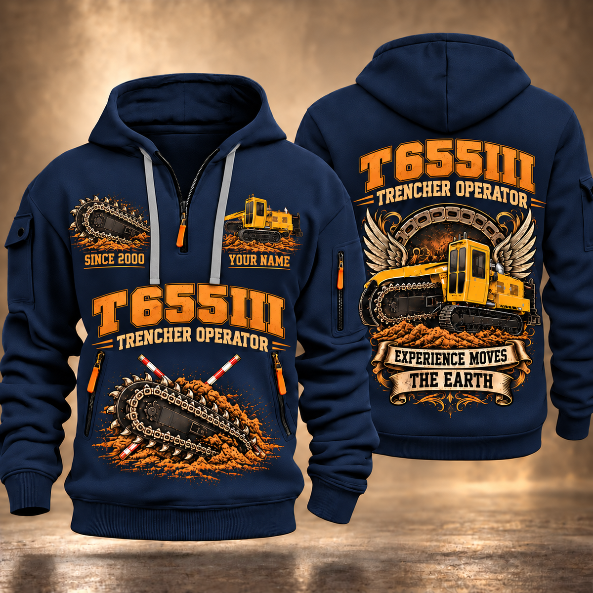 T655III Trencher Operator quarter zip hoodie in Navy, front and back views, sample YOUR NAME and SINCE 2000 artwork