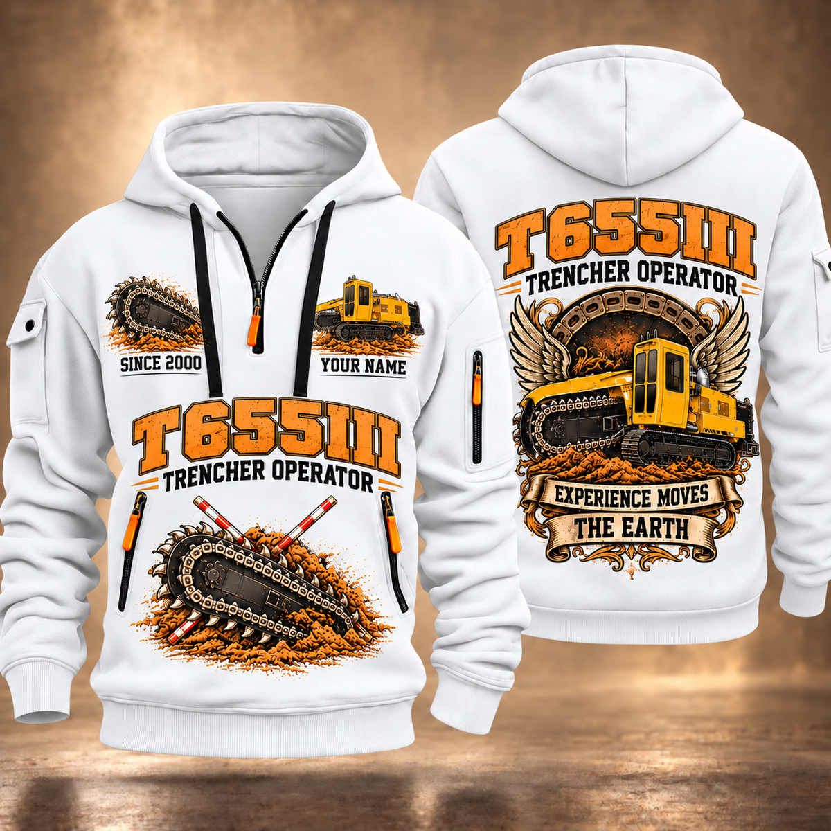 T655III Trencher Operator quarter zip hoodie in White, front and back views, sample YOUR NAME and SINCE 2000 artwork