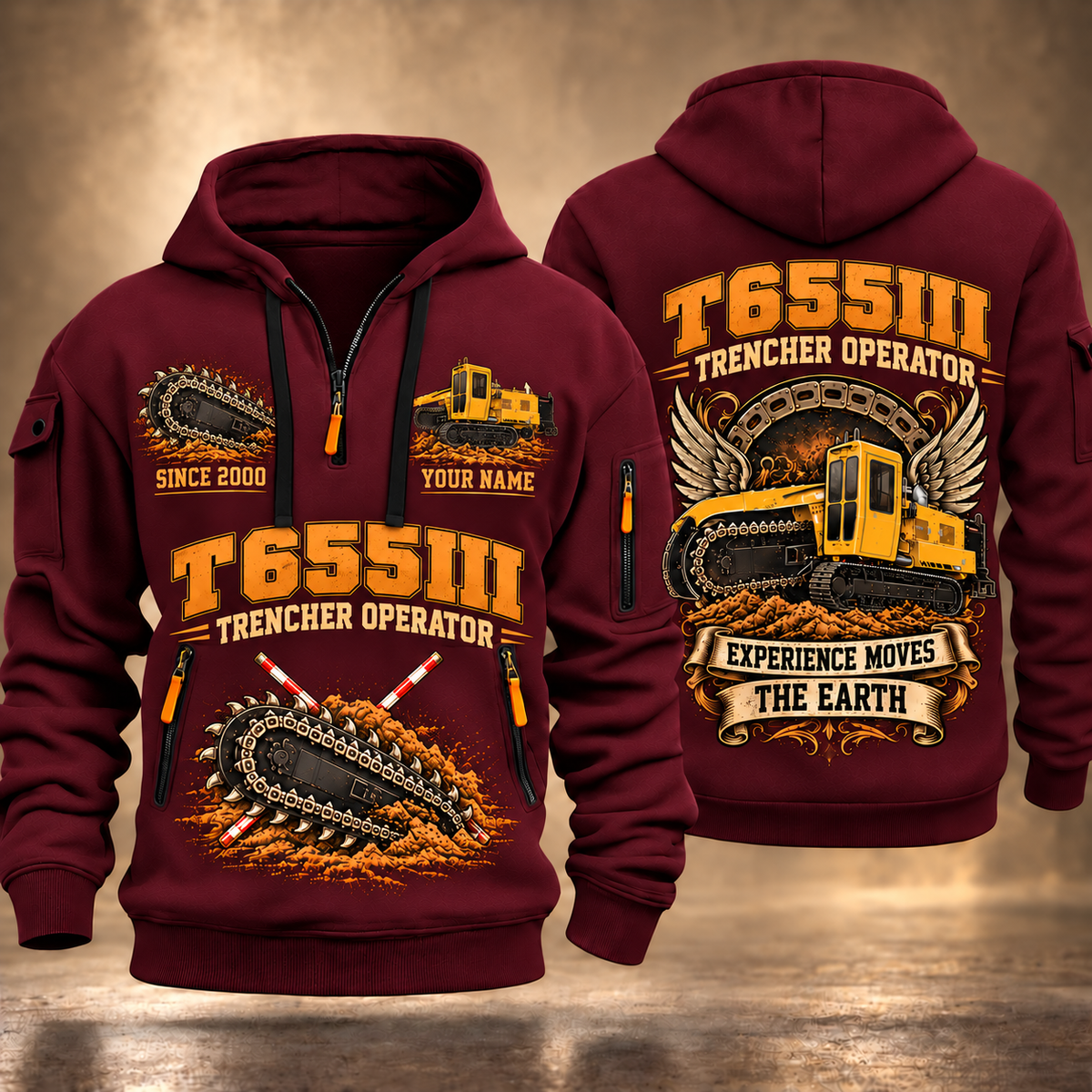 T655III Trencher Operator quarter zip hoodie in Wine Red, front and back views, sample YOUR NAME and SINCE 2000 artwork