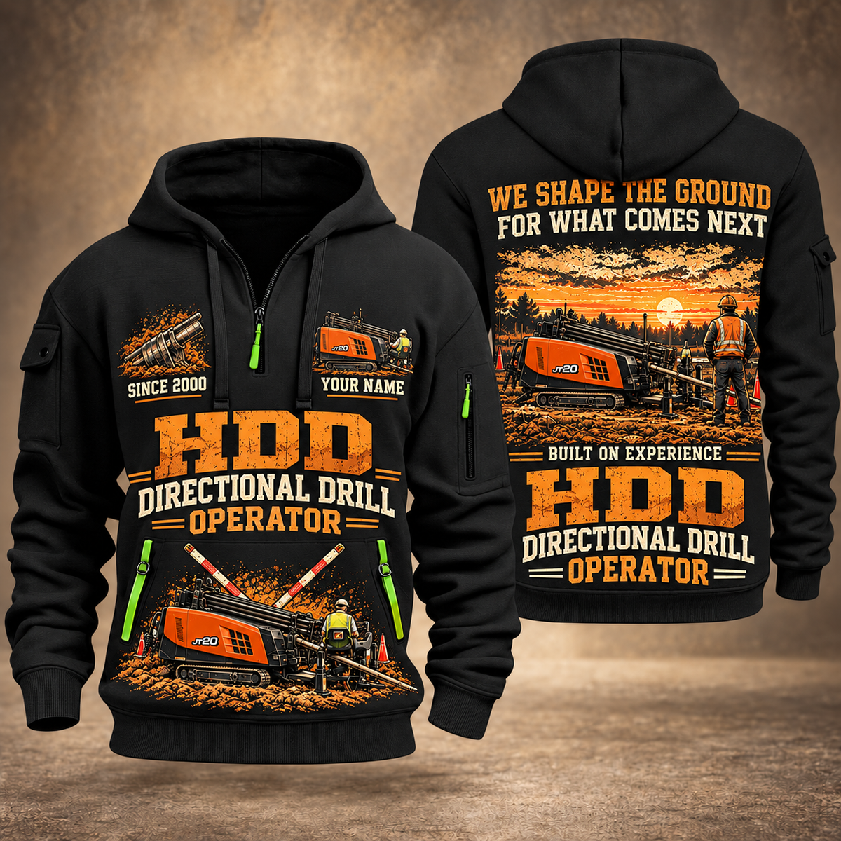Ditch Witch JT20 HDD Directional Drill quarter zip hoodie in Black, front and back views, sample YOUR NAME and SINCE 2000 artwork