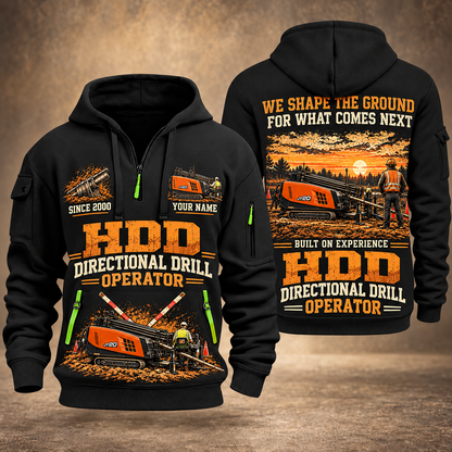 Ditch Witch JT20 HDD Directional Drill quarter zip hoodie in Black, front and back views, sample YOUR NAME and SINCE 2000 artwork