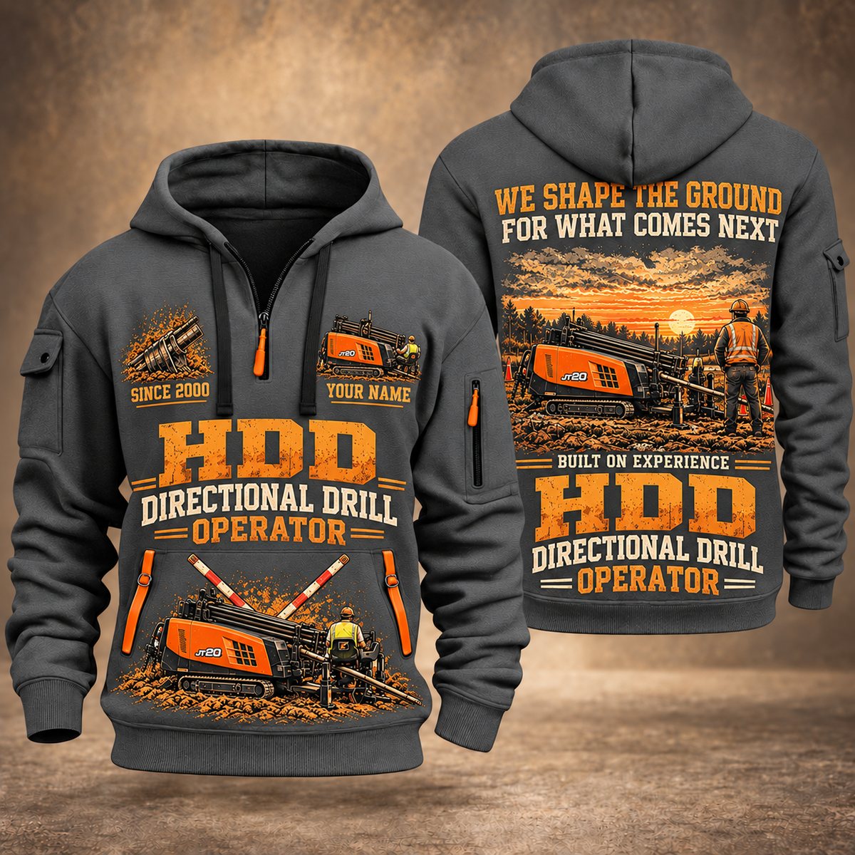 Ditch Witch JT20 HDD Directional Drill quarter zip hoodie in Gray, front and back views, sample YOUR NAME and SINCE 2000 artwork