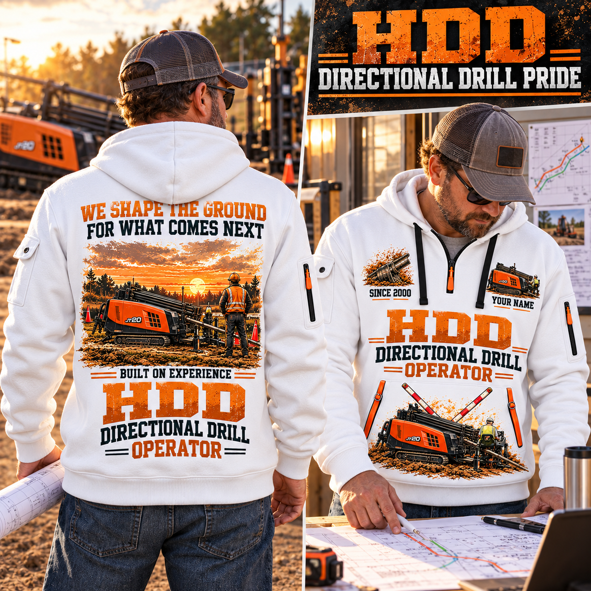 Ditch Witch JT20 HDD Directional Drill quarter zip hoodie in White, adult lifestyle portrait showing front and back artwork