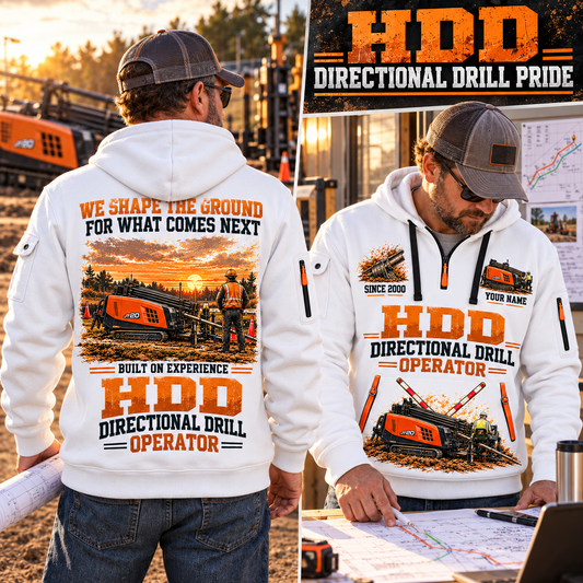 Ditch Witch JT20 HDD Directional Drill quarter zip hoodie in White, adult lifestyle portrait showing front and back artwork