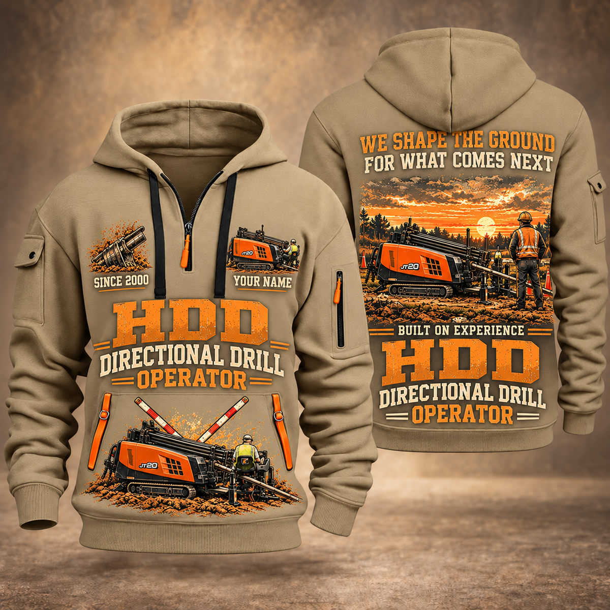 Ditch Witch JT20 HDD Directional Drill quarter zip hoodie in Khaki, front and back views, sample YOUR NAME and SINCE 2000 artwork