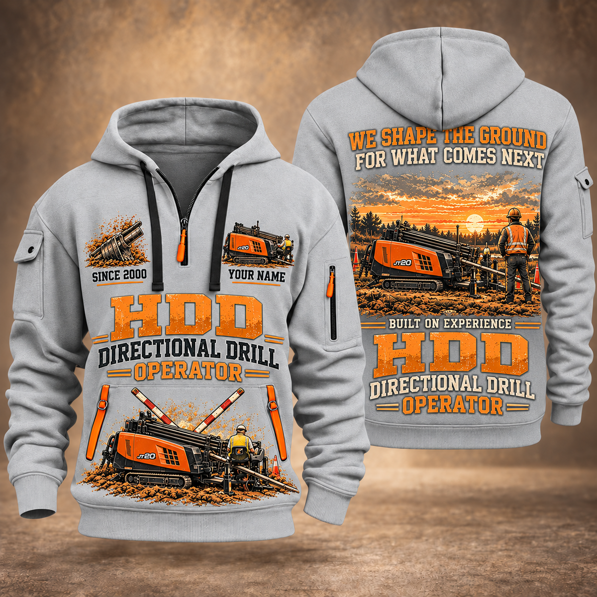 Ditch Witch JT20 HDD Directional Drill quarter zip hoodie in Light Grey, front and back views, sample YOUR NAME and SINCE 2000 artwork