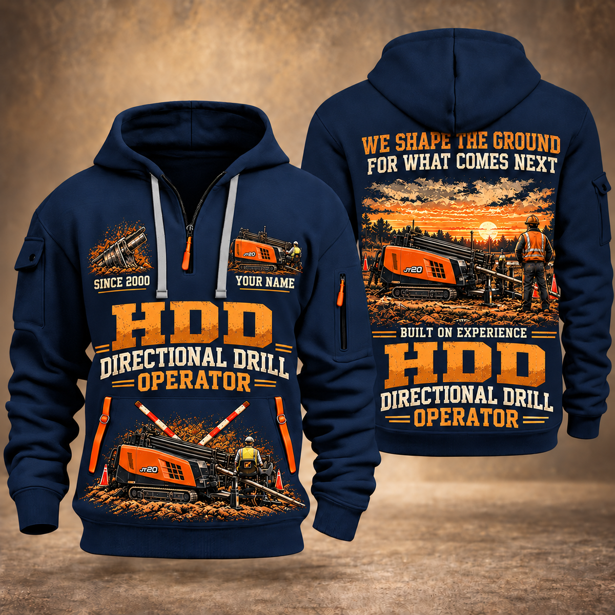 Ditch Witch JT20 HDD Directional Drill quarter zip hoodie in Navy, front and back views, sample YOUR NAME and SINCE 2000 artwork