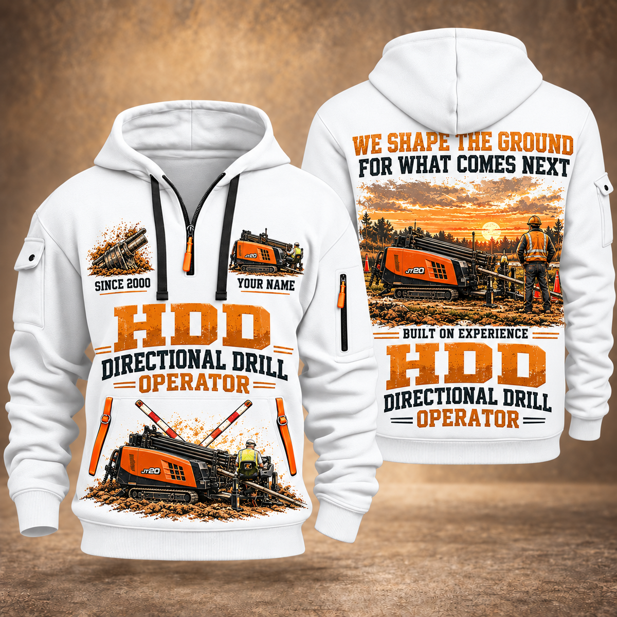 Ditch Witch JT20 HDD Directional Drill quarter zip hoodie in White, front and back views, sample YOUR NAME and SINCE 2000 artwork