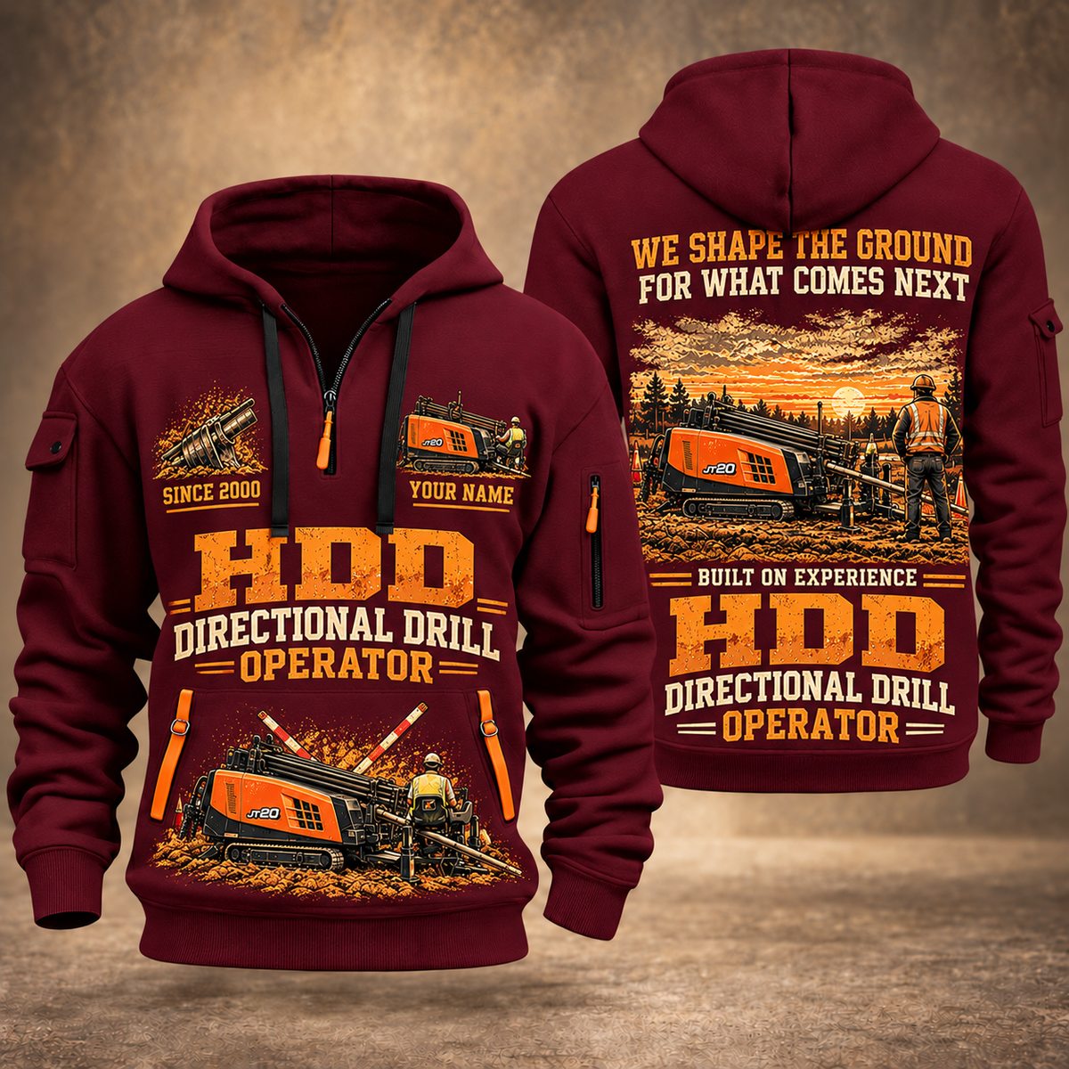Ditch Witch JT20 HDD Directional Drill quarter zip hoodie in Wine Red, front and back views, sample YOUR NAME and SINCE 2000 artwork