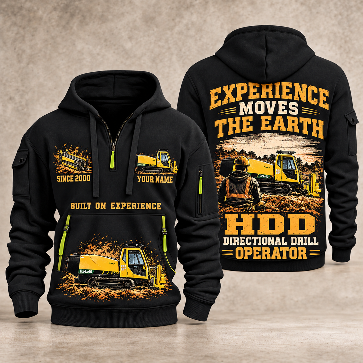 Vermeer D24x40 S3 HDD Directional Drill quarter zip hoodie in Black, front and back views, sample YOUR NAME and SINCE 2000 artwork