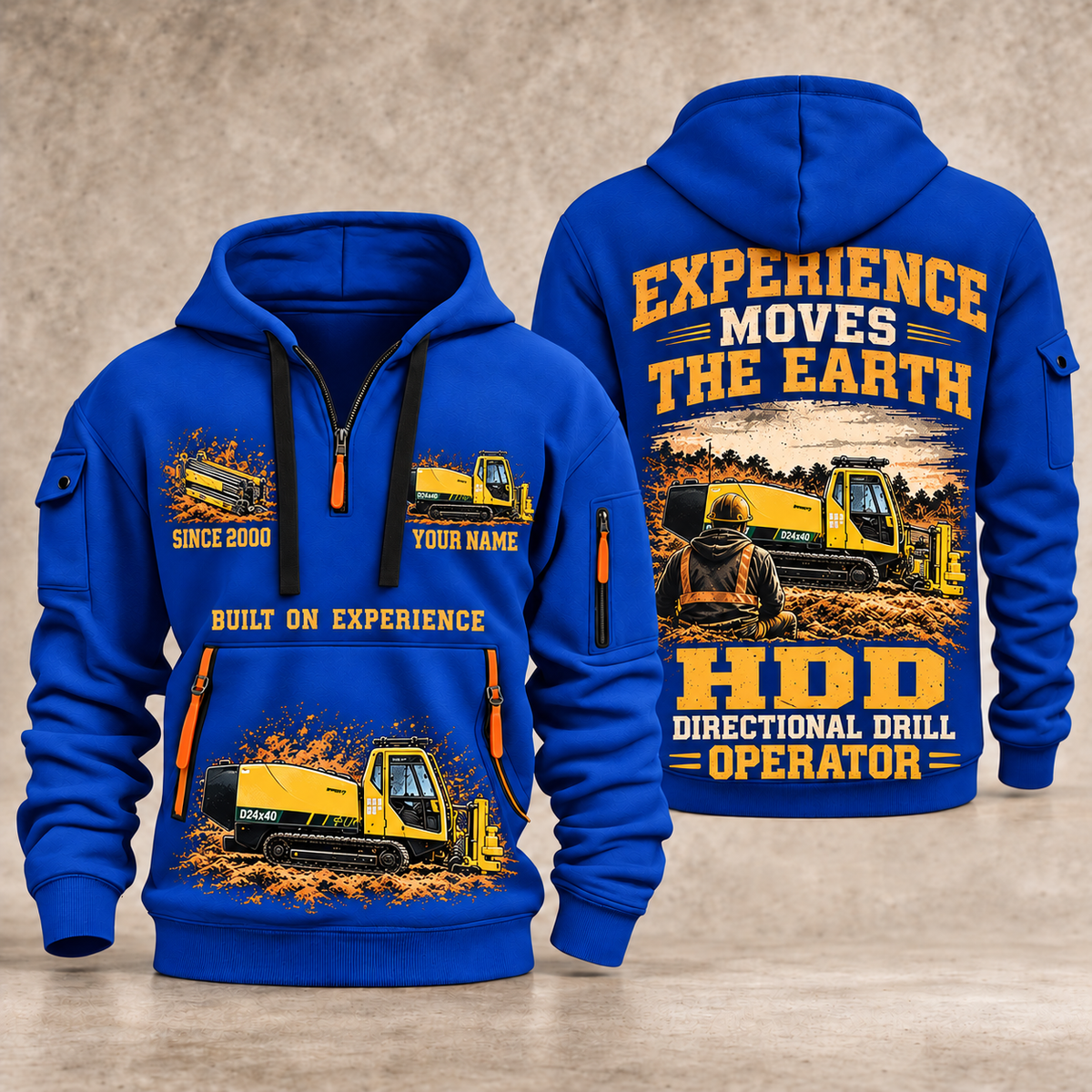 Vermeer D24x40 S3 HDD Directional Drill quarter zip hoodie in Blue, front and back views, sample YOUR NAME and SINCE 2000 artwork