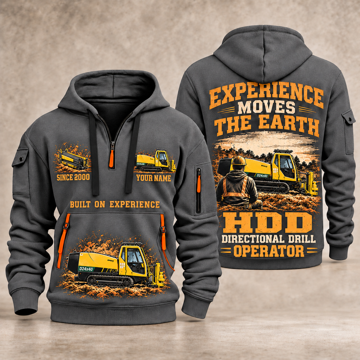 Vermeer D24x40 S3 HDD Directional Drill quarter zip hoodie in Gray, front and back views, sample YOUR NAME and SINCE 2000 artwork