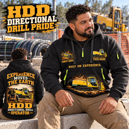 Vermeer D24x40 S3 HDD Directional Drill quarter zip hoodie in Black, adult lifestyle portrait showing front and back artwork