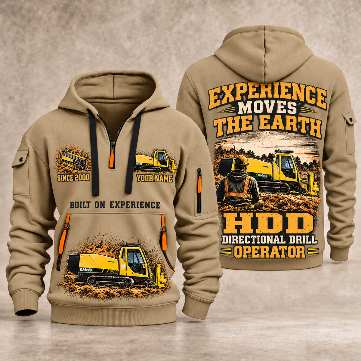 Vermeer D24x40 S3 HDD Directional Drill quarter zip hoodie in Khaki, front and back views, sample YOUR NAME and SINCE 2000 artwork