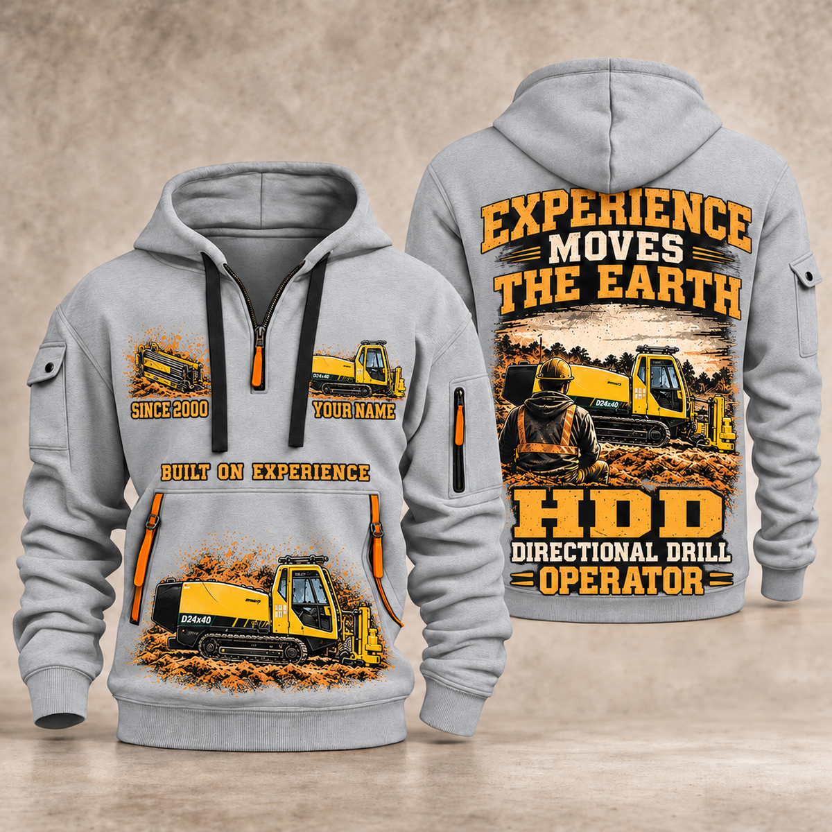 Vermeer D24x40 S3 HDD Directional Drill quarter zip hoodie in Light Grey, front and back views, sample YOUR NAME and SINCE 2000 artwork