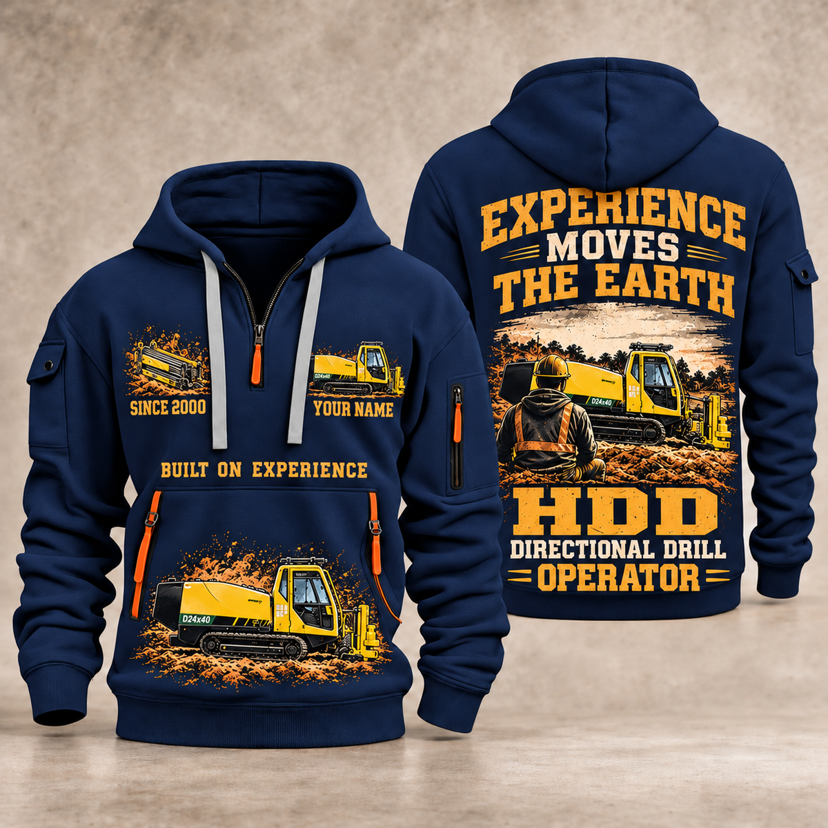 Vermeer D24x40 S3 HDD Directional Drill quarter zip hoodie in Navy, front and back views, sample YOUR NAME and SINCE 2000 artwork