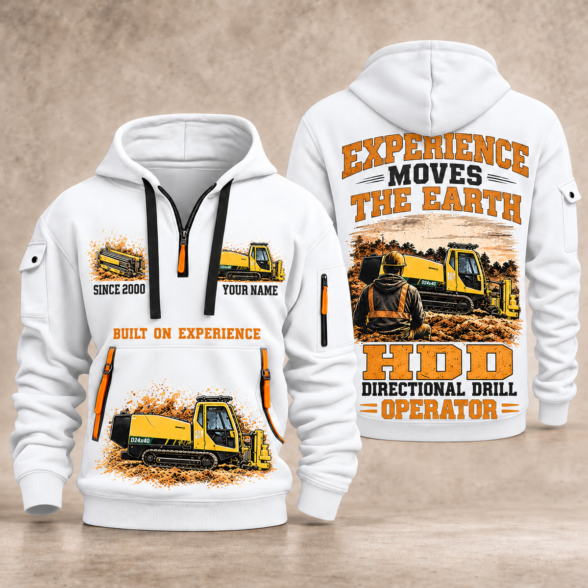Vermeer D24x40 S3 HDD Directional Drill quarter zip hoodie in White, front and back views, sample YOUR NAME and SINCE 2000 artwork